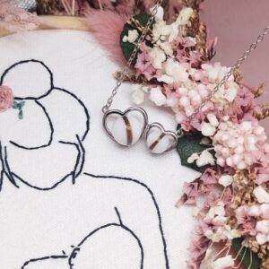 Collier Lait 2 coeurs en résine de lait maternel blanc nacré sur chaîne, fond blanc