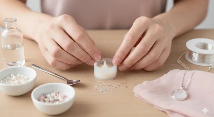 main de femme en train de créer un bijou de lait maternel