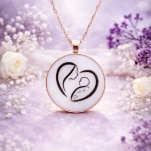 Médaillon lien d'amour en résine de lait maternel sur chaîne dorée, fond blanc